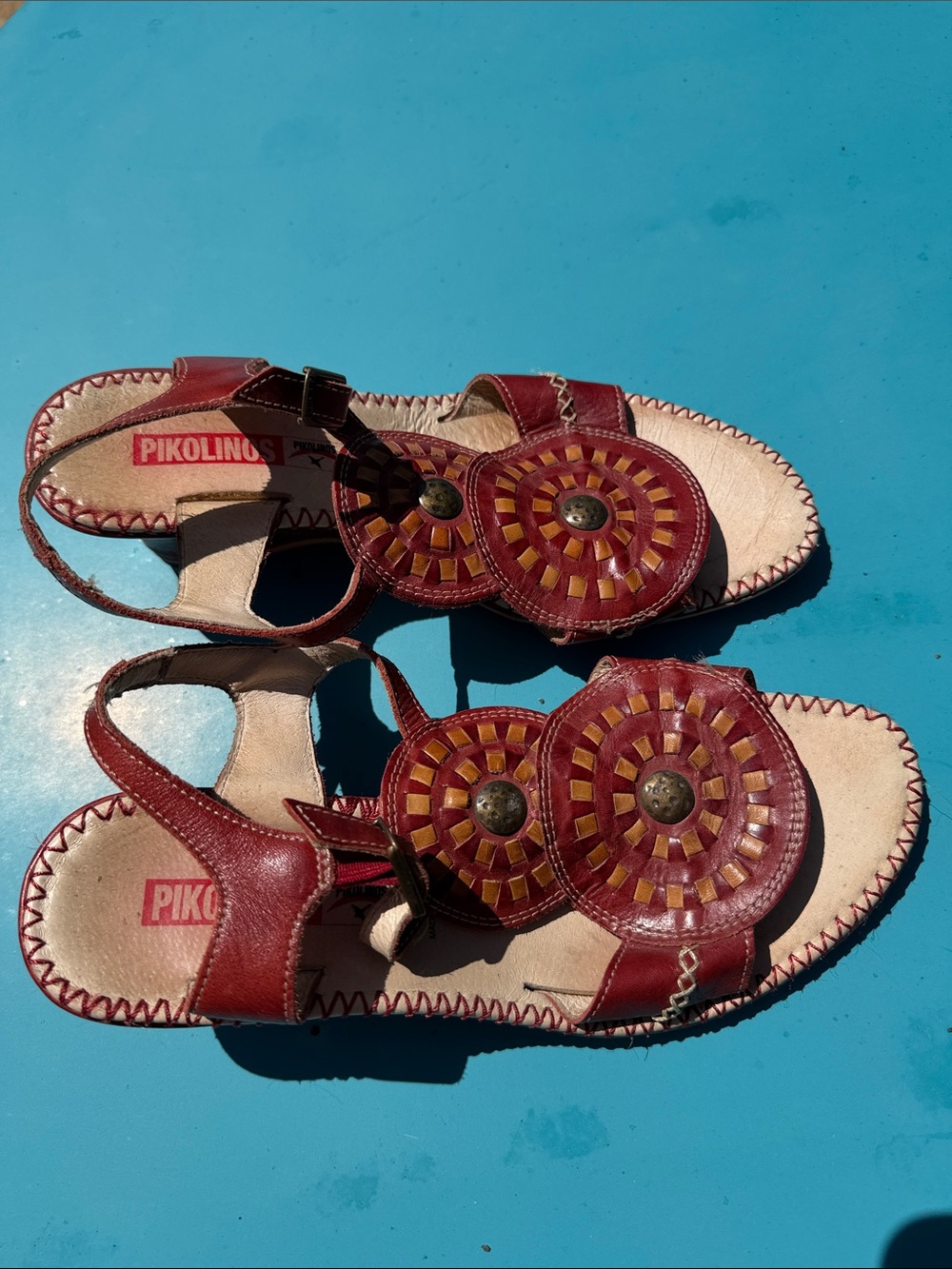 PIKOLINOS Red Leather Woven Medallion Sandals